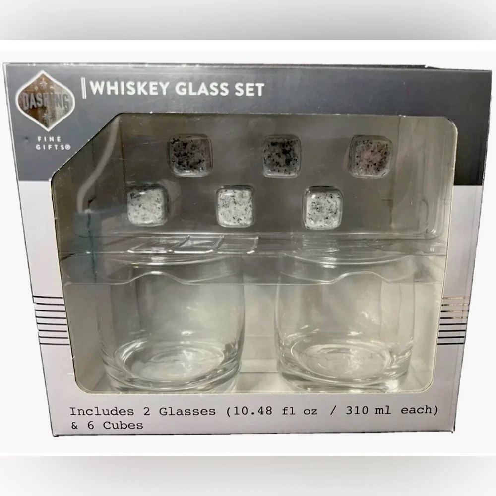 Dashing Whiskey Glass Set w/ Gray Chilling Cubes 2 Glasses & 6 Cubes New in Box